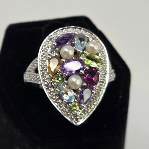 Ross Simons EA Sterling Silver Multi Gems Pearl Diamonds Teardrop Ring Sz 8 8.1g